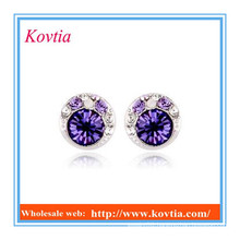 Evil eye shape earrings purple crystal bead earrings white gold stud earrings